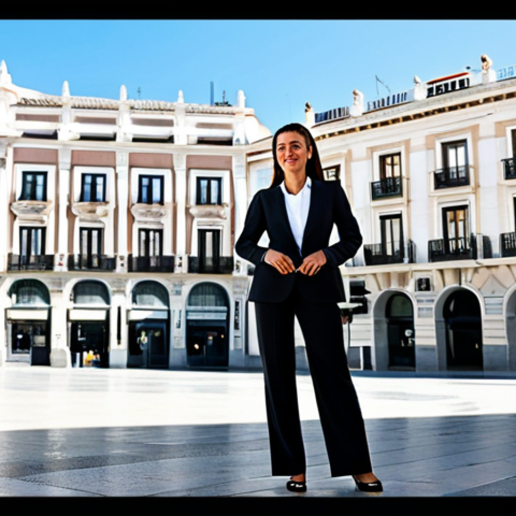 **
"A confident businesswoman in Madrid, Spain, wearing a tailored, modern business suit in neutral tones, standing in front of the iconic Puerta del Sol, fully clothed, modest attire, professional, safe for work, perfect anatomy, natural pose, professional photography, high quality. The setting is bright and sunny, reflecting a positive and successful atmosphere."
**