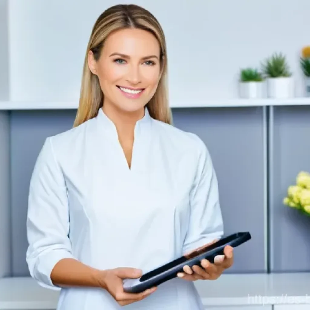 피부 미용사로서의 직업 만족도 높이는 법 - **Prompt:** A professional female aesthetician, in her late 30s, stands in a brightly lit, elegant a...