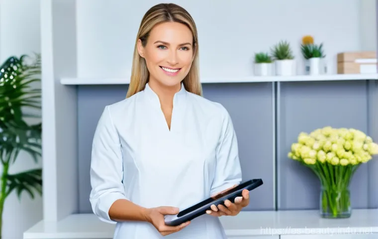 피부 미용사로서의 직업 만족도 높이는 법 - **Prompt:** A professional female aesthetician, in her late 30s, stands in a brightly lit, elegant a...